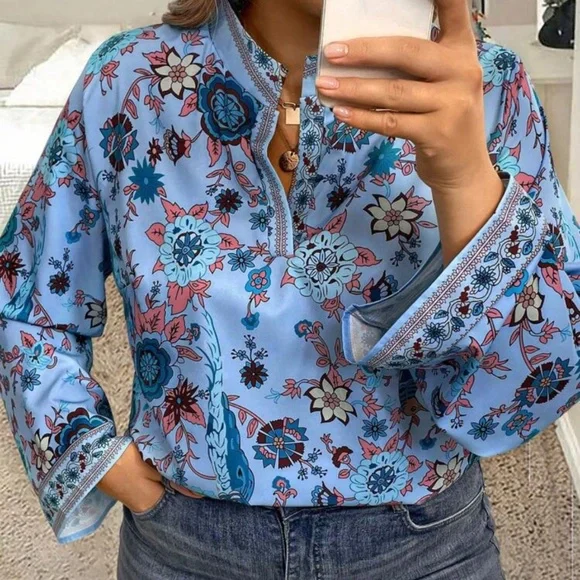 Plus Floral Print Flounce Long Sleeve Blouse